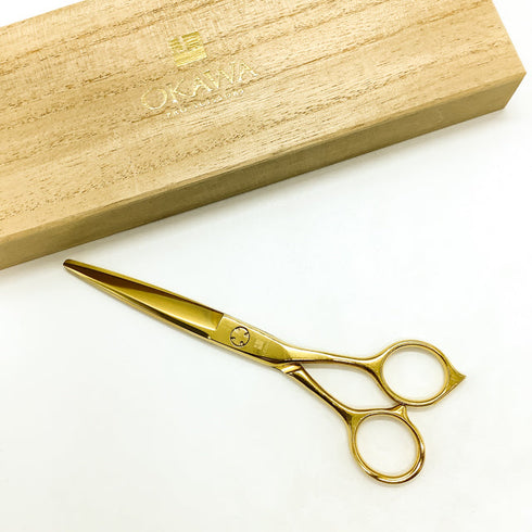 【オオカワプロシザーズ オオカワプロシザーOKAWA PRO SCISSORS】JAGⅡ SGJ60-A ゴールドコーティング シザー メガネ 理容 美容ハサミ 美容師 理容師 右利き 6インチ 中古 sc2162