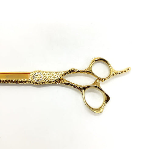 美品【ミズタニシザーズ ミズタニシザーMIZUTANI SCISSORS】CROSSOVER 槌目 ACT-1 6.7 黄金色 シザー オフセット 理容 美容ハサミ 美容師 理容師 右利き 6.7インチ 中古 sc2542