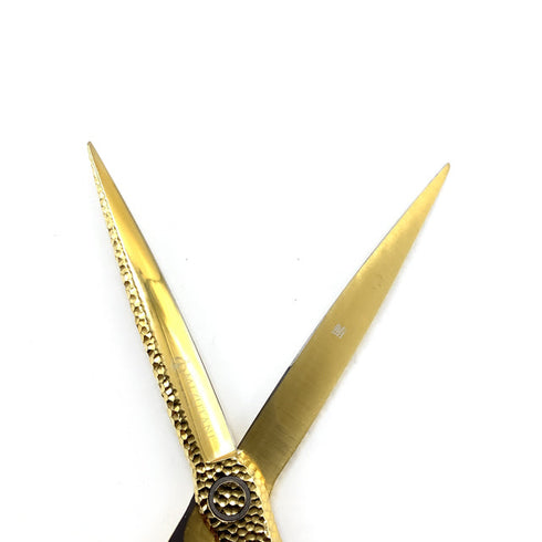 美品【ミズタニシザーズ ミズタニシザーMIZUTANI SCISSORS】CROSSOVER 槌目 ACT-1 6.7 黄金色 シザー オフセット 理容 美容ハサミ 美容師 理容師 右利き 6.7インチ 中古 sc2542