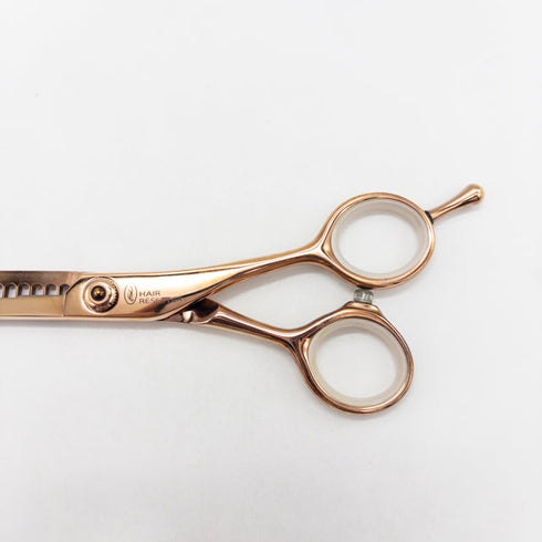 【ヘアリセッターHAIR RESETTER】特殊セニング ピンクゴールド オフセット シザー セニング 美容ハサミ すきばさみ 美容師 理容師 約% 右利き 6.5インチ 中古 sc3158